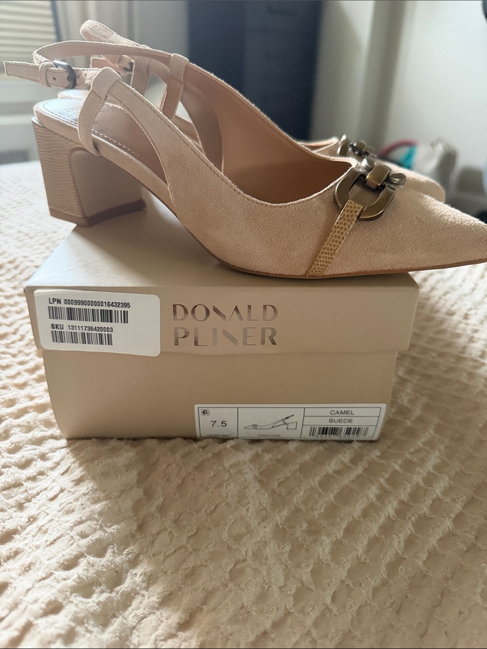 Donald J. Pliner Nude Suede Pointed Slingback Block Heel with Gold Accent